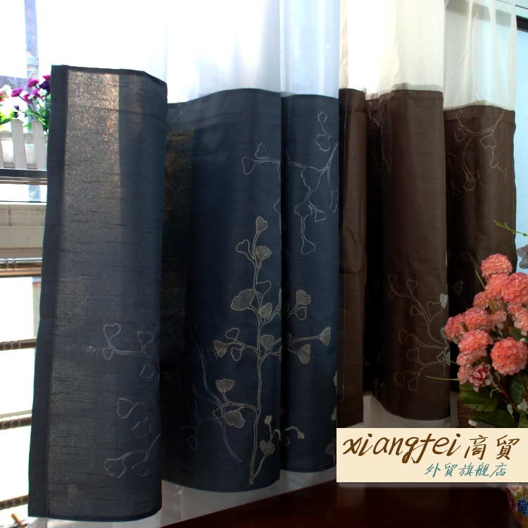 140*245外贸原单 咖啡色相拼灰色绣花客厅成品隔断窗帘窗纱 处理