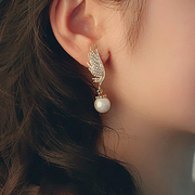 Korean Korea fashion faux Pearl Earrings earring Angel Wings asymmetric classic Joker long earrings