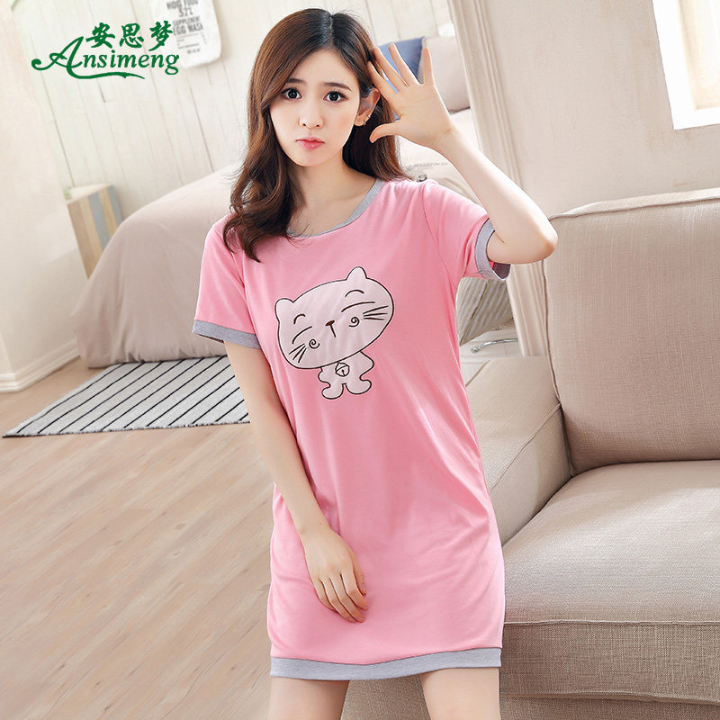 短袖纯棉睡裙女士夏季睡衣全棉可爱卡通夏天薄款连衣裙宽松家居服