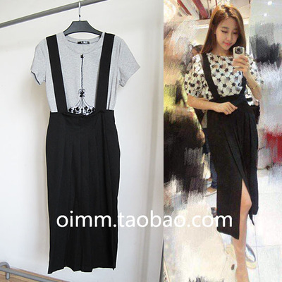 [第二件半价]裙子韩版dx2fashion百褶中长款背带裙连衣裙修身显瘦