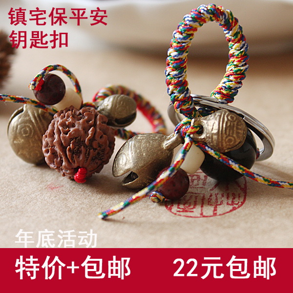 手编金刚结红绳铜铃本命年虎头铃铛金刚菩提黑曜石钥匙扣挂件镇宅