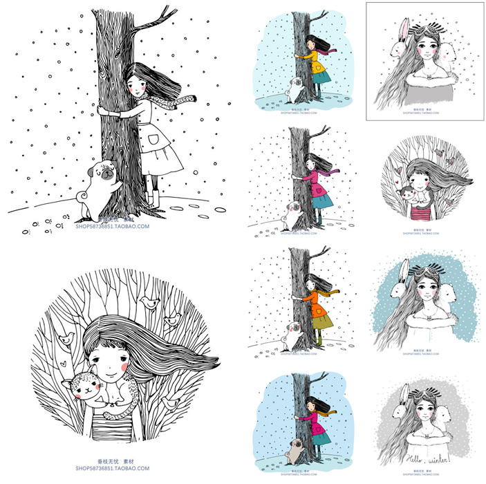 A0334矢量卡通几米风格女孩猫咪狗狗下雪插画 AI设计素材