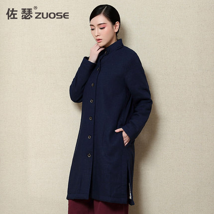 原创2015长袖冬装女中长款外套大码复古棉麻