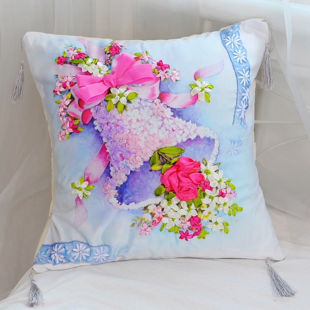 爆款包邮新款丝带绣抱枕风铃欧式客厅车枕靠枕3D精准印花非十字秀