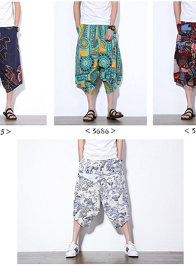 夏男士阔腿宽松哈伦低档七分短裤中国风民族风加大码休闲裤吊裆裤