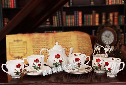 韩国进口餐具TOPMATE红玫瑰英式欧式骨瓷咖啡杯套装18P特