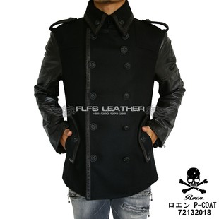 Leather Cow 羊毛双排扣骷髅 coat 牛皮袖 Wool