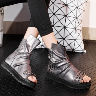 2026夏款 牛皮拼接弹力布鱼嘴短靴 女鞋 凉靴3370k 隐形内增高7厘米