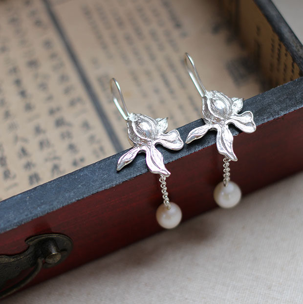 【胡桃夹子】古韵纯手工99纯银天然珍珠耳坠素银耳饰 素缕