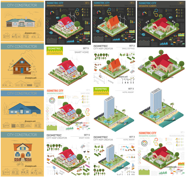 [446]扁平化轴测图isometric城市建筑信息图表 AI矢量设计素材