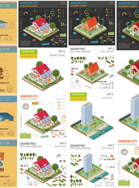 [446]扁平化轴测图isometric城市建筑信息图表 AI矢量设计素材