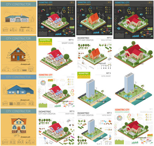 [446]扁平化轴测图isometric城市建筑信息图表 AI矢量设计素材