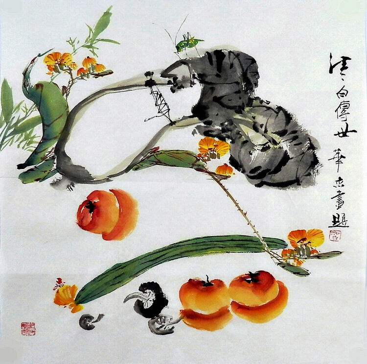 纯手绘字画餐厅装饰画大促D120241华杰三尺斗方国画蔬菜白菜蟋蟀