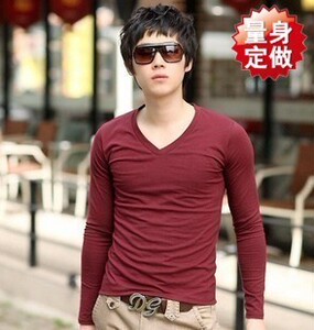 男士韩版商务修身枣红色中V长袖T恤百搭打底衫纯色男装鸡心领体恤