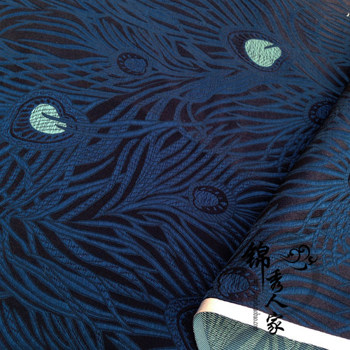 织锦缎布料面料古装黑底孔雀大