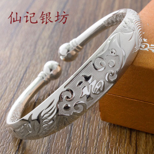 仙记银坊999纯银手镯女款足银送妈妈银手镯 福字龙凤银镯子银饰品