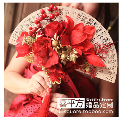 红木扇手捧花/结婚手捧花/高端新娘手捧花/中式户外图片