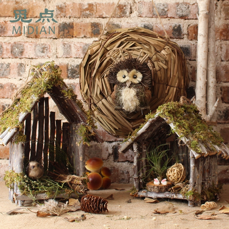 仿真猫头鹰小鸟窝鸟巢房子花园装饰拍摄道具挂件手工艺品ZAKKA