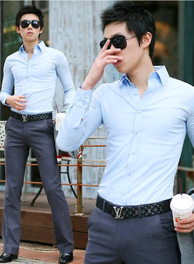 HSCP英伦时尚男装韩版修身长袖衬衣商务休闲免烫春秋蓝色衬衫潮