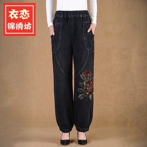 中老年秋冬装裤子中年牛仔女裤妈妈装灯笼裤绣花长裤民族风阔腿裤