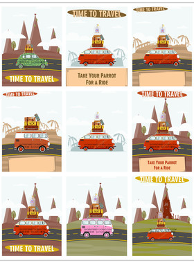 A2972矢量卡通扁平化旅游自驾游插画海报汽车建筑图案 AI设计素材