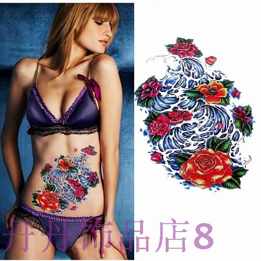 防水纹身贴纸疤痕贴大张牡丹海水性感男女款无毒一次性贴纸包邮