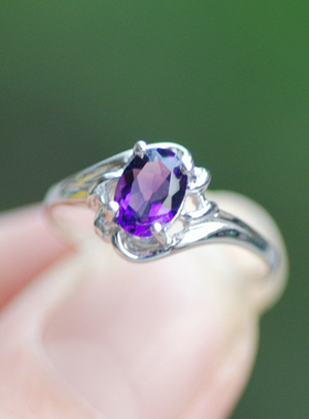 紫色恋人天然紫水晶戒指女纯银