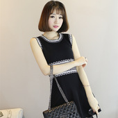 圆领连衣裙高腰a字裙背心裙修身 2016夏秋新款 无袖 显瘦女短裙