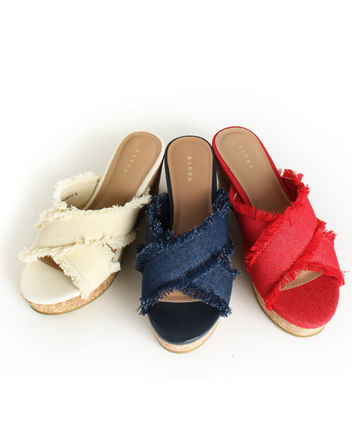 日系交叉带松糕厚底女牛仔布凉拖