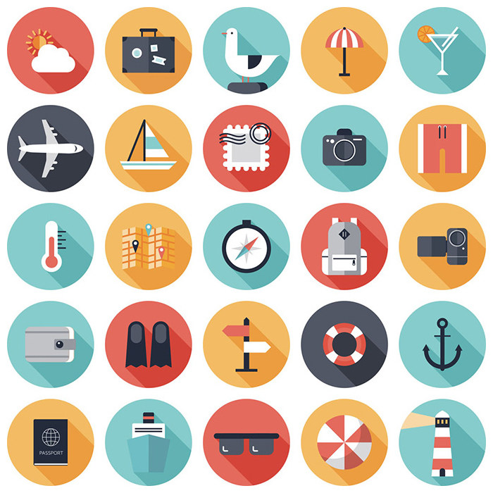 扁平化旅游元素图标 旅行度假 沙滩圆形图标 ai格式矢量设计素材