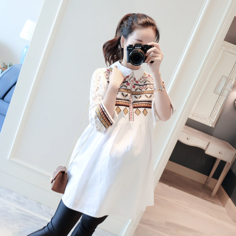 2024 SPRING SUMMER CLOTHES NEW SHIRT PREGNANT WOMAN EMBROIDERY SHIRT DRESS MID LENGTH WHITE MID SLEEVE TOP KOREAN VERSION TOP SUMMER