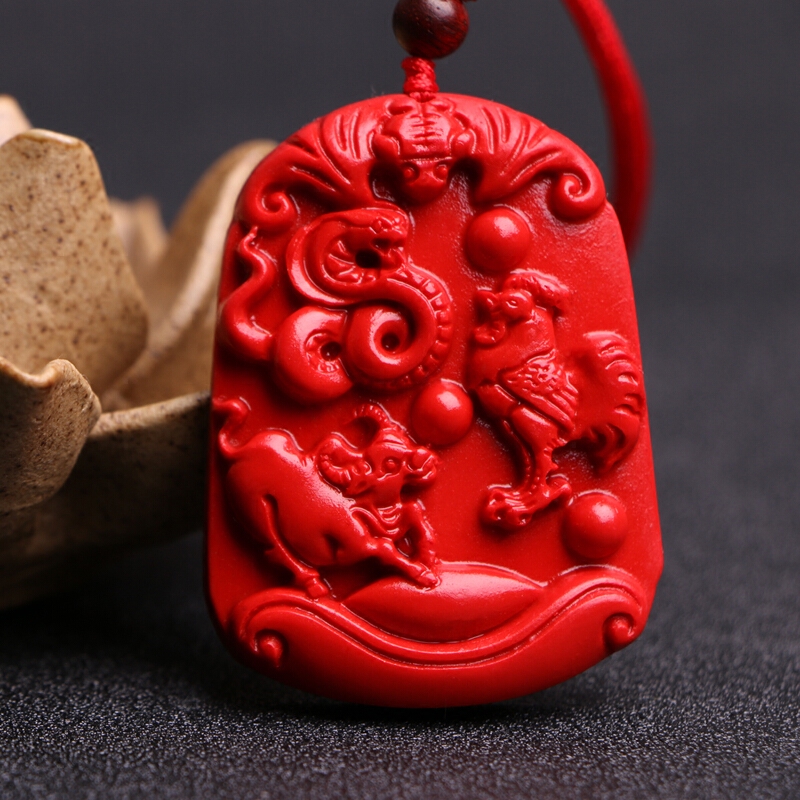 台湾天然朱砂鸡蛇牛三合生肖吊牌护身男女款本命年挂件送证书