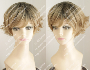 欧美外贸假发 灰亚麻金色渐变色 小翻翘俏丽短卷发 时尚假发