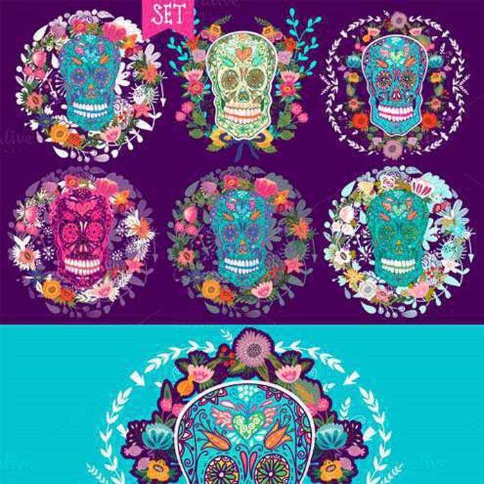 AI/EPS矢量设计素材 创意彩色头骨骷髅花朵图案