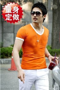 男士修身V领橘红色白边短袖T恤休闲运动拼领半袖衫 百搭v领短袖衣