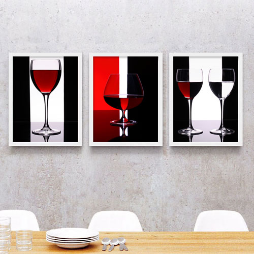 黑白红装饰画时尚酒杯餐厅墙画现代无框画三连简约挂画壁画艺术画图片