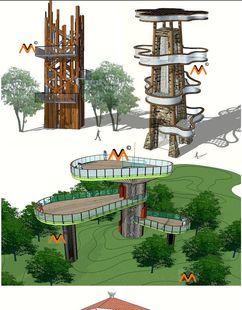 现代新中式景观长廊檐回廊观景台瞭望塔亲水景观园林小品SU模型集