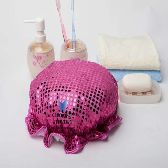 正品包郵台灣cleo時尚閃亮珠片防水雙層加厚沐浴成人浴帽在類目 家庭/個人清潔工具, 個人洗護清潔用具, 浴帽中 - 來自Buy2taobao.com提供專業的淘寶代購服務