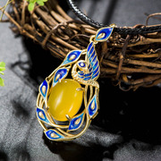 Thai natural yellow agate pendant in 925 Silver cloisonne vintage Peacock female enamel pendant new