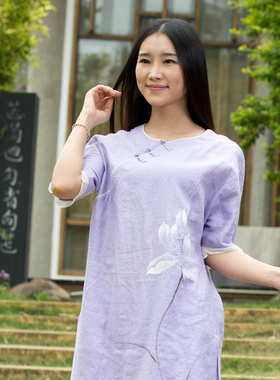 慈缘棉麻---茶服/禅服 水洗手绘亚麻女装上衣 盘扣新中式 30558