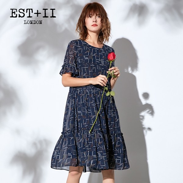 EST+II 艺诗 18年春季新款 短袖印花雪纺A字连衣裙 天猫优惠券折后¥229包邮(¥329-100)2色可选
