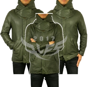 墨绿色 M51 真皮羊皮连帽大衣皮衣 military 日单军版 军绿色