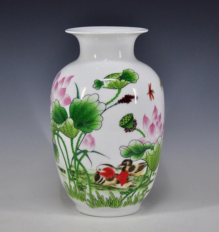 景德镇陶瓷器花瓶 鸳鸯戏荷冬瓜瓶 田园风现代家居装饰客厅摆件