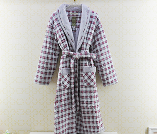 男冬厚夹棉袍秋鹿睡衣针织精梳棉面印格纹花丝绵绒里关刀领JD1106