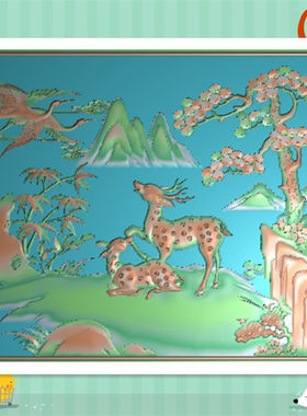 精雕图 浮雕图 灰度图石雕天红花板鹿动物梅花鹿山水松鹤竹子有线