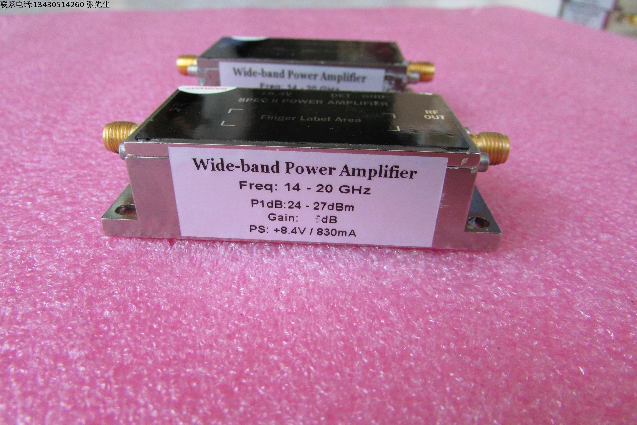 美国进口 14-20GHz 24-27dBm SMA 射频微波中功率放大器 质量包好，包能用 可提供详细测试图 工作频率：14-20GHz 增益: Typ 9dB  输出功率: 24-27dBm 工作电压：+8.4V  / 电流大约：830mA 左右 功能，1：检波输出; 2：输出内置隔