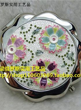 Z2俄罗斯锡金属双面折叠化妆镜子银白色圆形荷叶边镶钻三朵五瓣花