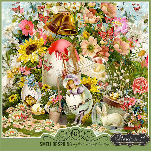 卡通油画风花卉蛋壳女孩小鸡兔松鼠背景PNG免抠剪贴画设计素材