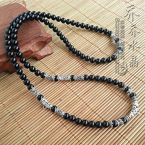 黑玛瑙水晶唐卡项链银色三尊泰国佛牌毛衣挂链 925纯银配件可定制