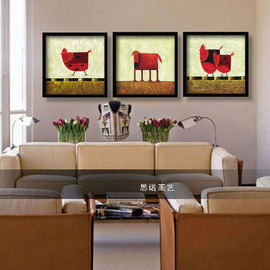 仿油画装饰画餐厅有框画三联画抽象动物画儿童房挂画卧室墙画走廊
